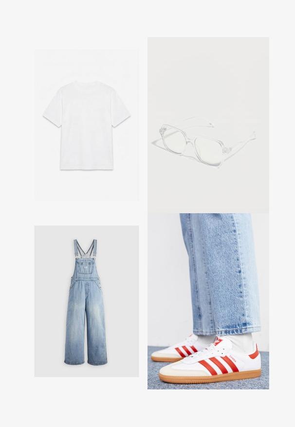T-shirt blanc uni à manches courtes et col rond, posé à plat sur un fond blanc.; Salopette en denim bleu clair avec des jambes larges, bretelles réglables, poche avant et boutons en métal sur les côtés. Style classique avec une coupe décontractée.; Baskets en cuir blanc avec des rayures et des accents rouges. Dotées d'une semelle extérieure en gomme texturée et d'un col rembourré. Portées avec un jean en denim bleu clair.; Lunettes rectangulaires transparentes avec montures et branches claires, placées sur une surface blanche avec des ombres douces.