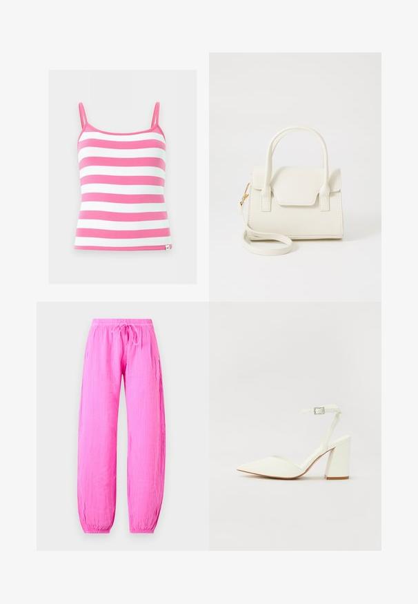 Débardeur à rayures horizontales rose et blanc avec fines bretelles et petite étiquette logo en bas de l'ourlet.; Pantalon léger rose vif avec taille élastique et cordon, coupe ample et poignets élastiques aux chevilles.; Sandale blanche à talon avec un bout pointu, sangle de cheville réglable et un talon carré épais. Texture lisse avec des détails de couture minimaux.; Petit sac à main blanc avec doubles poignées, rabat avant et bandoulière amovible avec boucle dorée sur fond blanc uni.