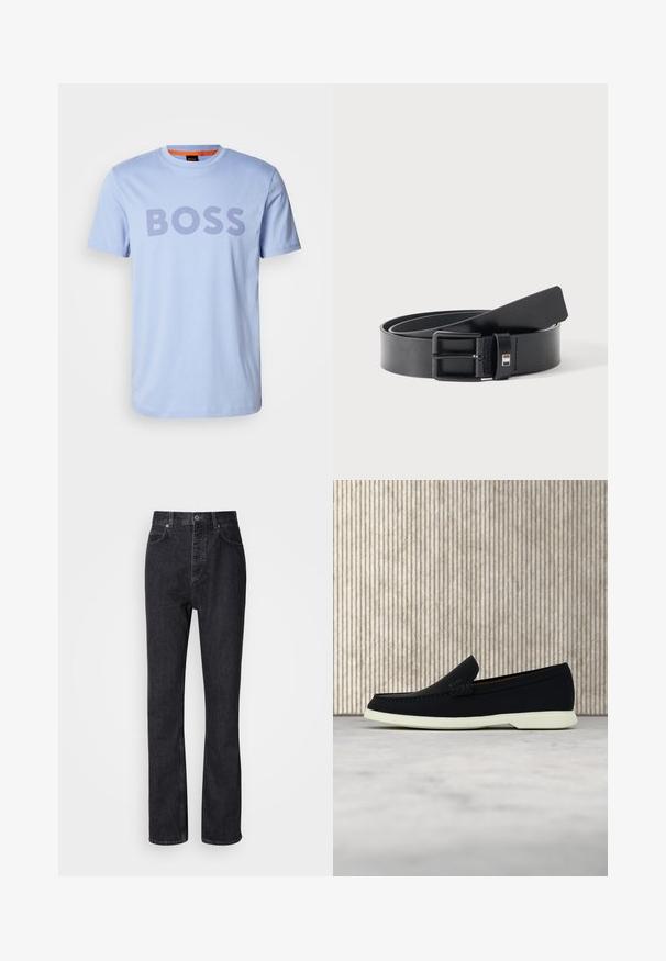 T-shirt en coton bleu clair avec un col rond et des manches courtes, affichant le mot "BOSS" en grandes lettres violettes sombres.; Jean en denim noir taille haute avec fermeture à bouton et à glissière, poches avant et arrière, et coupe droite.; Chaussure noire à enfiler avec un bout arrondi, dotée d'un dessus texturé, d'une semelle blanche lisse et d'un détail de marque subtil sur le côté.; Ceinture en cuir noir avec boucle métallique noire mate, légèrement enroulée avec l'extrémité de la lanière reposant sur une surface blanche.