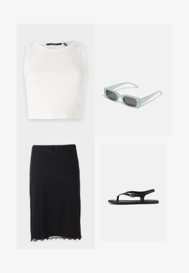 Haut sans manches blanc côtelé avec un col rond. Le tissu semble doux et extensible, sans embellissements ni motifs visibles.; Jupe noire longueur genou avec ourlet festonné et petit nœud au niveau de la ceinture bordée de dentelle.; Sandale plate noire avec bride à la cheville, entre-doigt et boucle argentée sur semelle lisse, vue de côté sur fond blanc.; Une paire de lunettes de soleil rectangulaires avec des montures translucides bleu clair et des verres gris foncé, présentant des branches droites et des détails matériels minimaux.