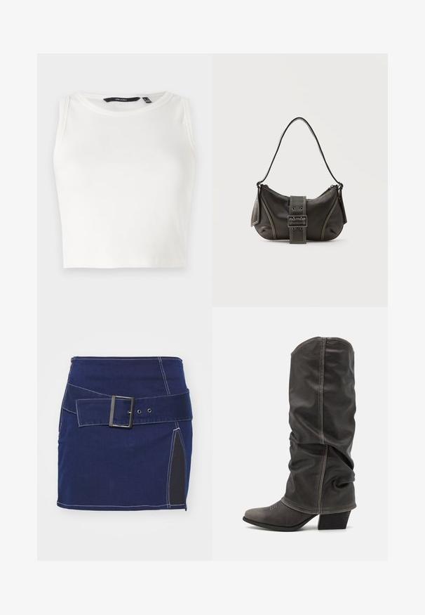 Witte geribbelde mouwloze top met een ronde halslijn. De stof lijkt zacht en rekbaar, zonder zichtbare versieringen of patronen.; Marineblauwe denimrok met witte stiksels, voorzien van een brede riem met een vierkante gesp en een zijpaneel van zwarte stof.; Grijze leren laarzen tot de kuit met een slouchy ontwerp, spitse neus en gestapelde hak. Opmerkelijke stikdetails op het neusstuk.; Zwarte leren schoudertas met gespsluiting aan de riem, afgeronde hoeken en contrasterende witte stiksels op een effen achtergrond.