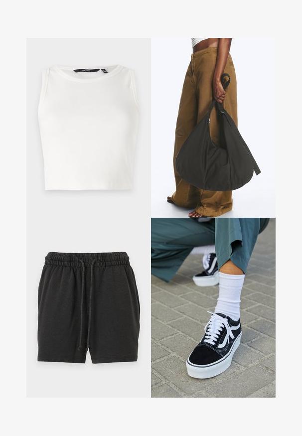 Haut sans manches blanc côtelé avec un col rond. Le tissu semble doux et extensible, sans embellissements ni motifs visibles.; Shorts à taille élastique noire avec cordon de serrage et poches latérales, fabriqués dans un tissu doux et confortable.; Baskets en suède noir avec des accents et des lacets blancs, présentant une épaisse semelle blanche et des coutures contrastantes, associées à une chaussette blanche.; Personne portant un pantalon marron à jambes larges et un haut blanc tenant un grand sac à main noir souple par sa lanière à côté d'elle.