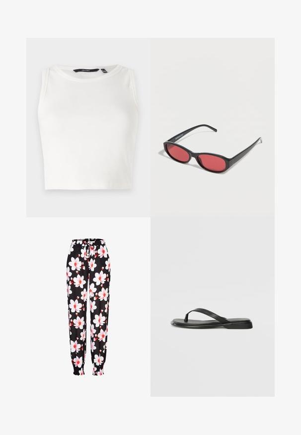 Top sin mangas blanco de canalé con escote redondo. La tela parece suave y elástica, sin adornos ni patrones visibles.; Pantalones de tela negra con patrón floral en blanco y rojo, con cintura elástica y cordón ajustable, y puños fruncidos. Material ligero.; Chancla negra de piel suave, con un diseño de tira delgada y una suela plana de perfil mínimo. Sin patrones ni acentos notables.; Gafas de sol ovaladas negras con varillas delgadas y lentes tintados de rojo descansando sobre una superficie blanca.