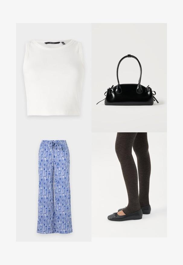 Top sin mangas blanco de canalé con escote redondo. La tela parece suave y elástica, sin adornos ni patrones visibles.; Pantalones de pierna ancha de color azul con un patrón, que cuentan con una cinturilla ajustable, hechos de una tela ligera con diseños abstractos de líneas blancas.; Piernas con leggings oscuros acanalados combinados con bailarinas negras que presentan pequeños detalles de lazo sobre un fondo blanco.; Pequeño bolso negro brillante con dos asas largas y detalles de cordón lateral sobre un fondo claro liso.