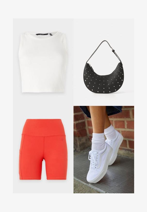 Haut sans manches blanc côtelé avec un col rond. Le tissu semble doux et extensible, sans embellissements ni motifs visibles.; Shorts de sport rouges avec une taille haute, fabriqués à partir d'un matériau lisse et extensible. Comprend une poche latérale et un petit logo en relief.; Baskets en toile blanches avec semelles en caoutchouc, dotées de six œillets, d'un bout rond et de détails de couture légers, portées avec des chaussettes blanches mi-mollet.; Sac à main en cuir noir avec une forme arrondie, orné de clous en argent, doté d'une fermeture éclair et d'une seule sangle ajustable.