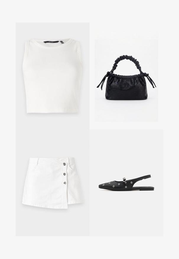 Valge ribadega ilma varrukateta top, ümarate kaelustega. Kanga välimus on pehme ja veniv, ilma nähtavate kaunistuste või mustriteta.; Valge denim mini seelik sirge lõikega, külgmise nööbkinnisega, kus on neli metallist nööpi ja õhuline look. ; Must musta, millel on terav nina, sile materjal, hõbedased silmade aksessuaarid ja valmistatud rihmast. Lame talla, millel on minimaalne muster.; Must käekott krokodillinaha tekstuuriga, voltis ülaservaga, kogutud sangaga ja kummipaeladega tutsidega igal küljel valgel taustal.