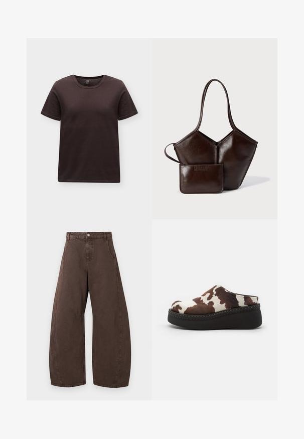 Dark brown short-sleeve crew neck t-shirt laid flat on a white background.; Brown wide-leg pants with high waist, front button and zipper closure, and side pockets, displayed flat on white background.; Brown and white cow-print platform clogs with a soft upper, rounded toe, and a durable black rubber sole. Seamed detailing at the base.; Dark brown leather handbag with dual handles, accompanied by a matching rectangular pouch with a wrist strap.