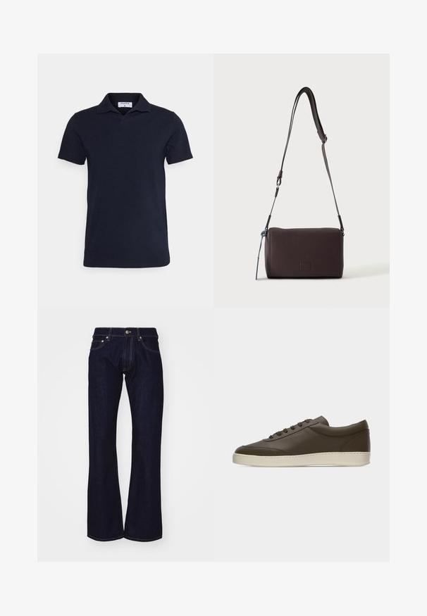 Navyblaues Poloshirt aus Baumwolle mit klassischen Kragen und kurzen Ärmeln. Einfaches Design mit glatter Textur.; Dunkelblaue Denim-Jeans mit Schlag und hohem Bund, mit kontrastierenden gelben Nähten und Metallbeschlägen an Bund und Taschen.; Dunkelbrauner Sneaker aus Leder mit niedrigem Schaft, Schnürung an der Vorderseite und kremfarbenem Gummisohlenrand, von der Außenseite auf weißem Hintergrund gezeigt.; Dunkelbraune, strukturierte Leder-Crossbody-Tasche mit verstellbarem Riemen und kleinem dekorativen blauen Akzent an der Seite.