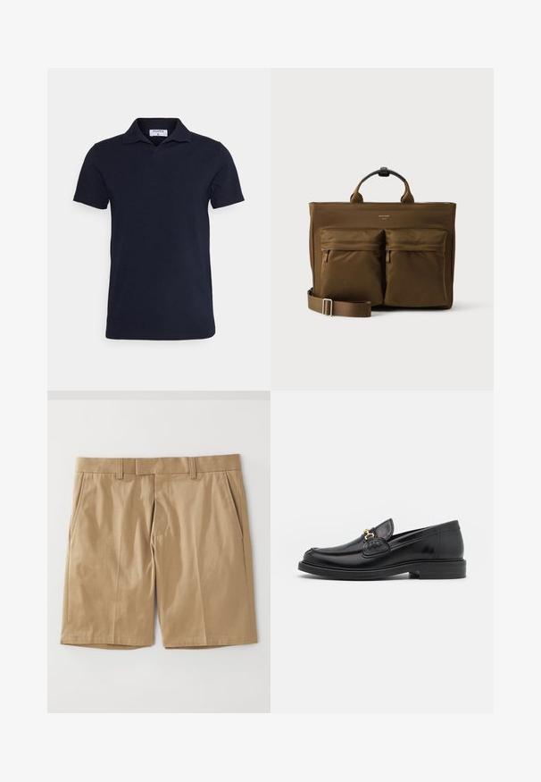 Polo en coton bleu marine, avec un col classique et des manches courtes. Design simple avec une texture lisse.; Shorts kaki avec une texture lisse et tissée, dotés de deux poches latérales et d'une coupe droite, conçus avec une taille plate et des passants de ceinture.; Mocassins en cuir noir avec un embout rond, présentant des accents en métal doré et des détails de couture, montés sur une semelle en caoutchouc texturé et basse.; Sac cabas rectangulaire marron avec deux grandes poches zippées à l’avant, des poignées courtes et une bandoulière réglable sur fond blanc.