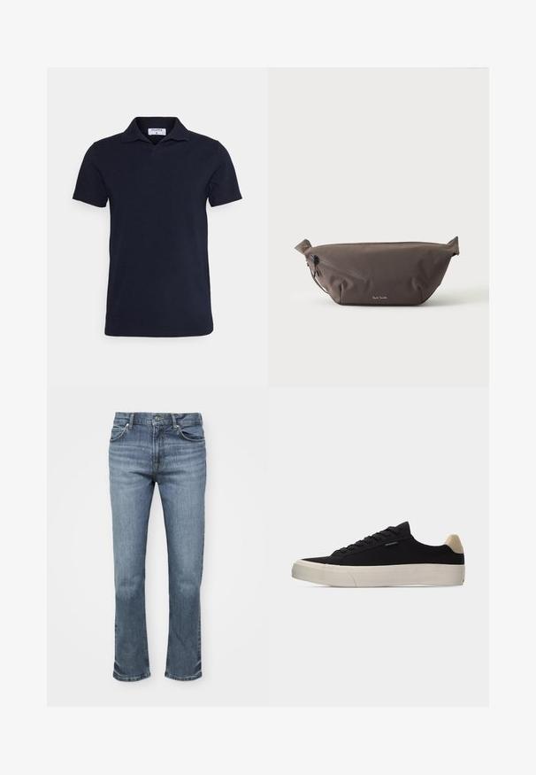 Navyblaues Poloshirt aus Baumwolle mit klassischen Kragen und kurzen Ärmeln. Einfaches Design mit glatter Textur.; Blaue Jeans bestehen aus Denim, haben einen geraden Bein-Design, ein Fünf-Taschen-Stil und einen Knopfverschluss mit kontrastierenden Nähten.; Schwarzer Low-Top-Sneaker mit beigem Fersenlasche, weißer dicker Gummisohle, schwarzen Schnürsenkeln und kleinem "PS Paul Smith"-Label an der Seite.; Dunkelbraune Stoff-Gürteltasche mit diagonalem Reißverschlussfach und kleinem weißen Logo vorne, vor einem einfarbigen hellen Hintergrund.