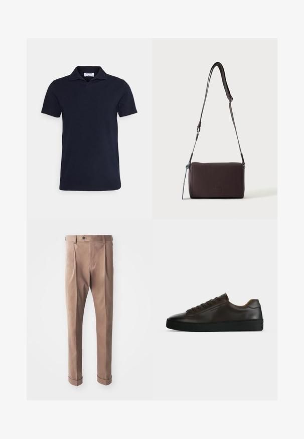 Polo en coton bleu marine, avec un col classique et des manches courtes. Design simple avec une texture lisse.; Pantalons khaki en tissu texturé, présentant une taille haute, des plis et des ourlets roulés, avec une fermeture à bouton unique à la taille.; Baskets basses en cuir marron foncé avec semelle en caoutchouc noire, lacets à l'avant et design minimaliste épuré sur fond clair.; Sac bandoulière en cuir marron foncé texturé avec une sangle réglable et un petit accent décoratif bleu sur le côté.