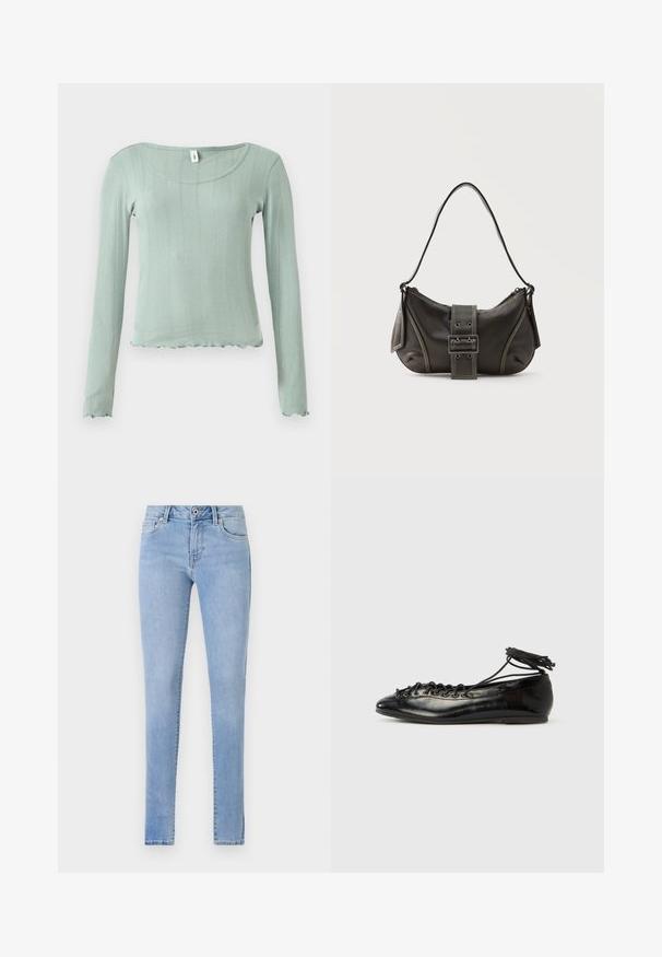 Lichtgroen longsleeve met een geribbelde structuur, een ronde halslijn en een golvende zoom. Gemaakt van zacht materiaal, met een nadruk op een aansluitend silhouet.; Lichtblauwe denim jeans met een slim fit, voorzien van vijf zakken, subtiele stikdetails en een standaard tailleband met een enkele knoopsluiting.; Zwarte ballerina's van lakleer met een afgeronde neus, veterdesign en een platte zool. Glad oppervlak met minimale details.; Zwarte leren schoudertas met gespsluiting aan de riem, afgeronde hoeken en contrasterende witte stiksels op een effen achtergrond.