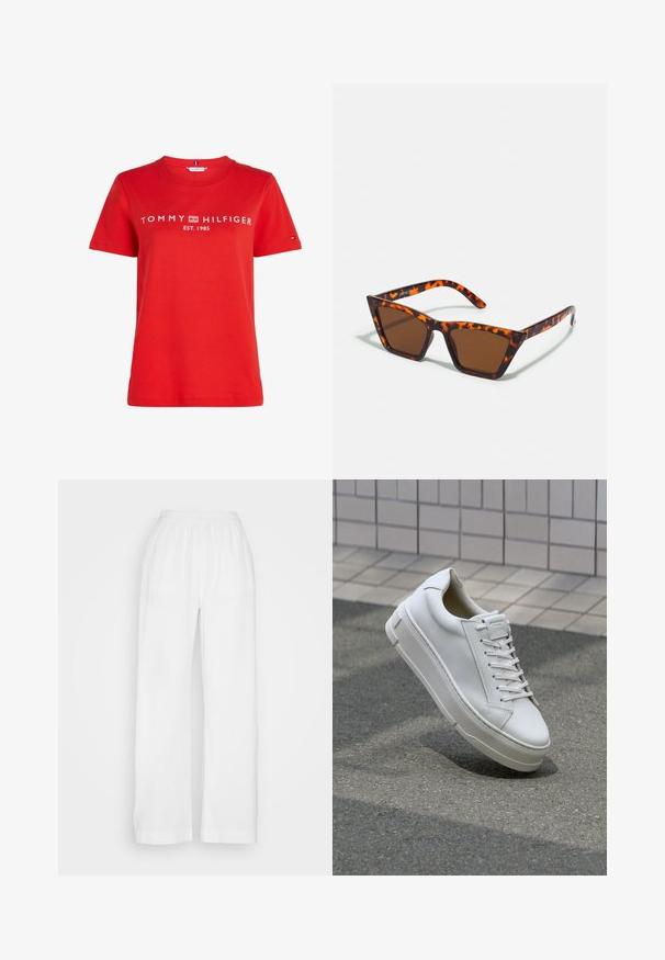 Camiseta roja de manga corta con el logo de Tommy Hilfiger y "Est. 1985" impreso en blanco en el pecho.; Pantalones blancos de pierna ancha, hechos de un tejido ligero y texturizado, con una cinturilla elástica. Cuenta con un corte holgado, piernas rectas y sin bolsillos.; Zapatilla de cuero blanca con diseño bajo, cordones planos, punta redondeada y laterales texturizados. Suela de goma gruesa con acentos sutiles.; Gafas de sol con tonalidades marrones y un patrón de carey, de montura angular y brazos delgados. Material plástico ligero.