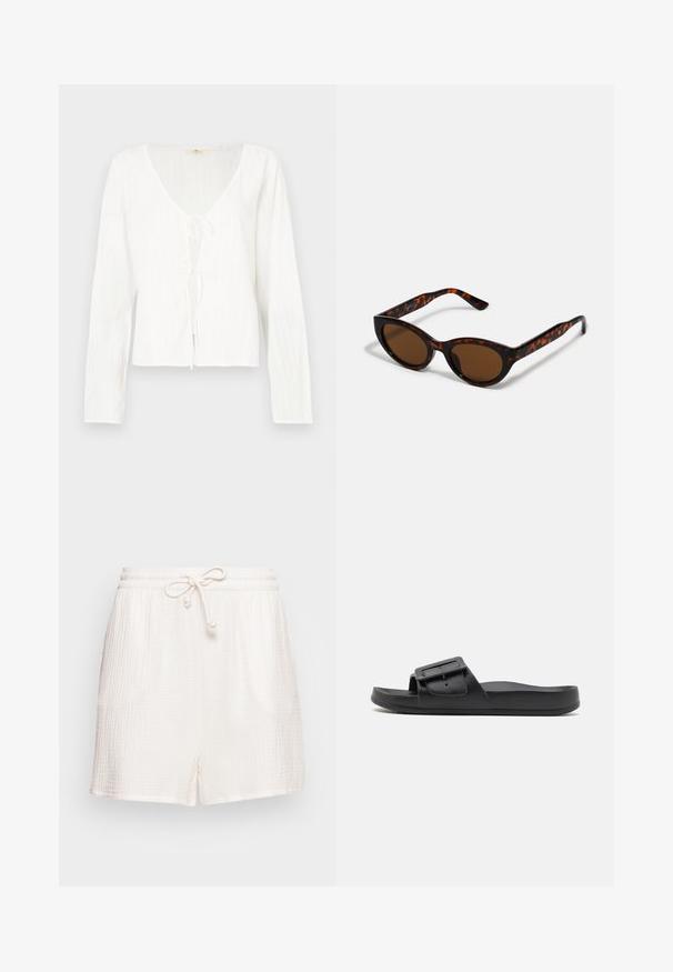 Hvid bluse med lange ærmer med dyb V-hals, bindedetalje foran og teksturerede striber over hele stoffet.; ONLY Mini - Shorts - cloud dancer; Sort sklidesandal med bred rem, justerbart spænde, flad sål og glat mat tekstur. Enkel design uden ekstra mønstre.; Brune skildpadde solbriller med en vintage katteøje-form og brune linser. Har buede arme med røde detaljer.