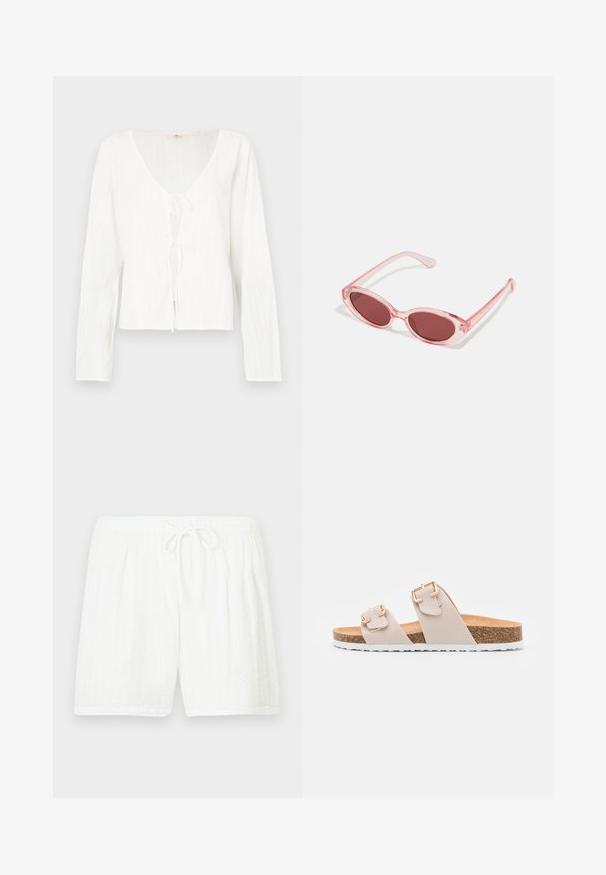 Blusa blanca de manga larga con un pronunciado escote en V, detalle de lazada al frente, y rayas texturizadas en toda la tela.; Pantalones cortos blancos de algodón con cintura elástica y cordón. Presentan un patrón texturizado con rayas verticales y bolsillos laterales.; Sandalias deslizantes beige con dos correas ajustables y hebillas en tono dorado. Plantilla de corcho con una suela exterior de goma blanca texturizada.; Gafas de sol transparentes rosas con lentes ovalados, tinte rojo oscuro y varillas delgadas, con un acabado suave y detalles sutiles en la montura.