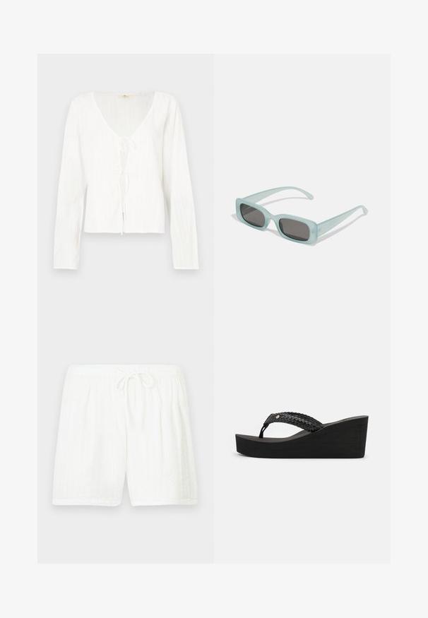 Witte blouse met lange mouwen, diepe V-hals, strikdetail aan de voorkant en textuurrijke strepen in de stof.; Witte katoenen korte broek met een elastische tailleband en trekkoord. Heeft een gestructureerd patroon met verticale strepen en zijzakken.; Zwarte wedge-sandalen met een geweven bandontwerp, voorzien van een textuur en een comfortabele zool. Geen zichtbare merknaam of versieringen.; Een paar rechthoekige zonnebrillen met lichtblauwe doorzichtige monturen en donkergrijze glazen, met rechte pootjes en minimale hardwaredetails.
