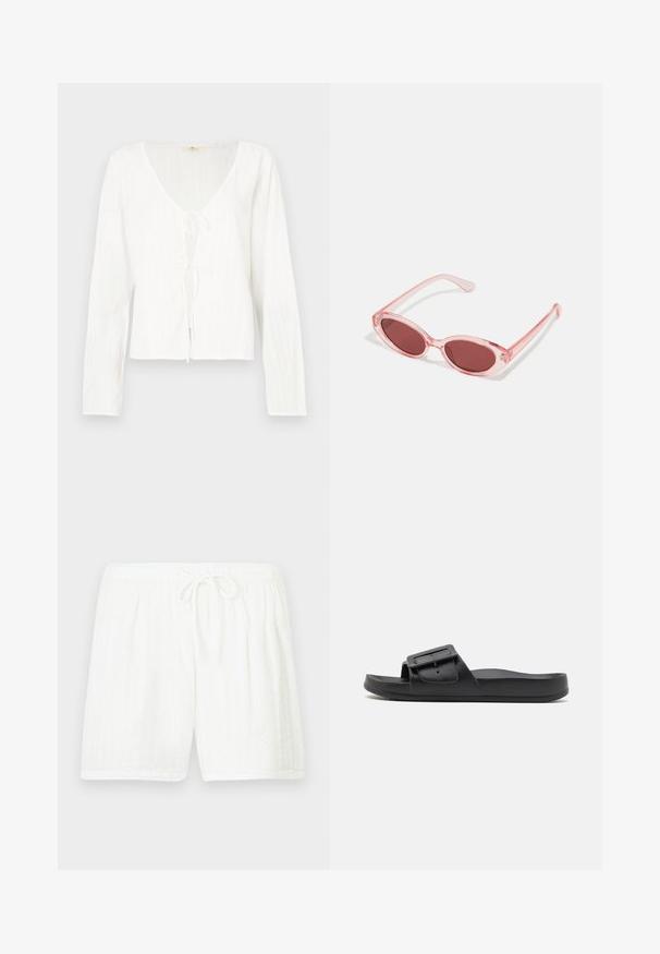 Hvid bluse med lange ærmer med dyb V-hals, bindedetalje foran og teksturerede striber over hele stoffet.; Hvide bomuldsshorts med elastisk talje og snøre. Har et tekstureret mønster med lodrette striber og sidelommer.; Sort sklidesandal med bred rem, justerbart spænde, flad sål og glat mat tekstur. Enkel design uden ekstra mønstre.; Lyserøde transparente solbriller med ovale linser, mørkerød toning og slanke stænger, der har en glat overflade og diskret detaljering på rammen.