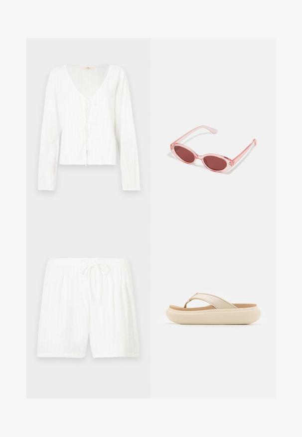 Hvid bluse med lange ærmer med dyb V-hals, bindedetalje foran og teksturerede striber over hele stoffet.; Hvide bomuldsshorts med elastisk talje og snøre. Har et tekstureret mønster med lodrette striber og sidelommer.; Beige flip-flop sandal med en bred tåstrop og en tyk, rund sål. Har et glat overmateriale og en kontrasterende brun fodseng.; Lyserøde transparente solbriller med ovale linser, mørkerød toning og slanke stænger, der har en glat overflade og diskret detaljering på rammen.