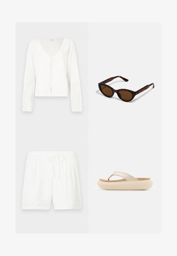 Hvid bluse med lange ærmer med dyb V-hals, bindedetalje foran og teksturerede striber over hele stoffet.; Hvide bomuldsshorts med elastisk talje og snøre. Har et tekstureret mønster med lodrette striber og sidelommer.; Beige flip-flop sandal med en bred tåstrop og en tyk, rund sål. Har et glat overmateriale og en kontrasterende brun fodseng.; Brune skildpadde solbriller med en vintage katteøje-form og brune linser. Har buede arme med røde detaljer.