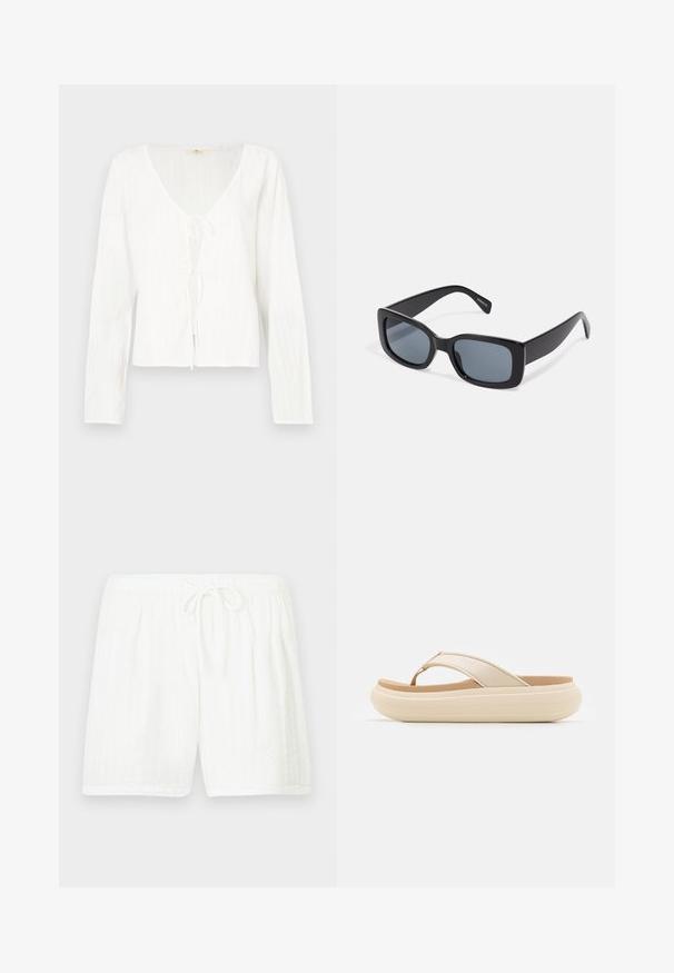 Blusa blanca de manga larga con un pronunciado escote en V, detalle de lazada al frente, y rayas texturizadas en toda la tela.; Pantalones cortos blancos de algodón con cintura elástica y cordón. Presentan un patrón texturizado con rayas verticales y bolsillos laterales.; Chancla beige con una amplia correa en los dedos y una suela gruesa y redondeada. Presenta un material superior suave y una plantilla en color marrón que contrasta.; Gafas de sol rectangulares negras con lentes oscuros, montura de plástico grueso y patillas anchas. Superficie lisa y diseño anguloso.
