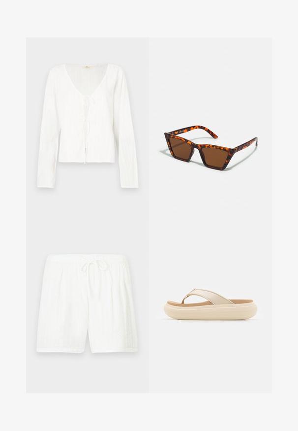 Hvid bluse med lange ærmer med dyb V-hals, bindedetalje foran og teksturerede striber over hele stoffet.; Hvide bomuldsshorts med elastisk talje og snøre. Har et tekstureret mønster med lodrette striber og sidelommer.; Beige flip-flop sandal med en bred tåstrop og en tyk, rund sål. Har et glat overmateriale og en kontrasterende brun fodseng.; Brune tonede solbriller med et skildpadde-mønster, vinklede stel og slanke arme. Letvægts plastmateriale.