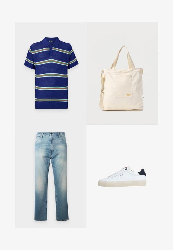 Blauw gebreid polo shirt met korte mouwen, voorzien van horizontale strepen in het wit, groen en rood met een drieknoopsluiting.; Replay WAINE PANTS - Relaxed fit jeans - light blue; Witte lage sneaker met een beige zool, witte veters, zwarte hielstrook en het logo "Pepe Jeans London" aan de zijkant.; Crèmekleurige canvas boodschappentas met voorvak, twee handvatten, verstelbare schouderriem en kleine gele "O.N.S" tekst rechtsonder op het vak.