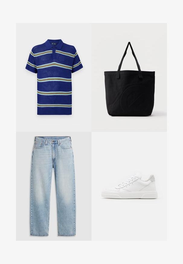 Polo shirt tricoté bleu à manches courtes, avec des rayures horizontales blanches, vertes et rouges, et une patte de boutonnage à trois boutons.; Jean droit bleu clair avec cinq poches, fermeture à bouton en métal et un délavage au niveau des cuisses et des genoux, posé à plat sur un fond blanc.; Des baskets en cuir blanc avec une finition lisse, un bout rond, des lacets plats et une semelle texturée. Accents en daim gris au niveau du talon.; Sac fourre-tout en toile noire avec deux bandoulières et un motif circulaire discret en relief sur le devant.