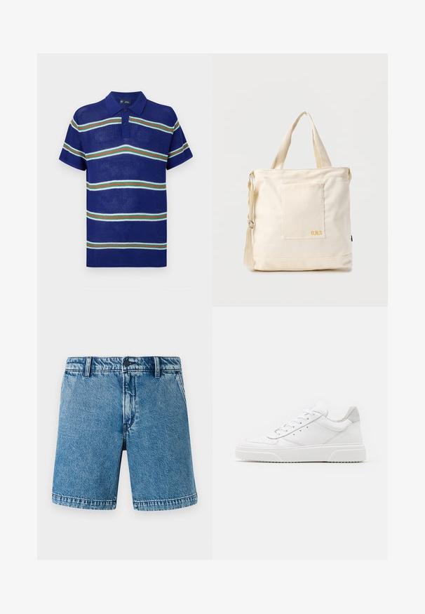 Sinine kootud polo särk lühikeste varrukatega, millel on horisontaalsed triibud valge, rohelise ja punase värviga ning kolmepunktiline nööpauk.; Heledad sinises denim lühikesed püksid, millel on mugav lõige. Omab standardset viie-tasku disaini, nupukinnitust ja lõikeääred koos kerge haardega.; Valged nahast spordijalatsid siledast nahast viimistlusega, ümarate varvastega, lamekestega ja tekstuuriga tallaga. Hall suede aktsent kanna juures.; Kreemjas lõuendist käekott esiosa taskuga, kahe käepidemega, reguleeritava õlarihmaga ja väikese kollase "O.N.S" tekstiga tasku all paremal.