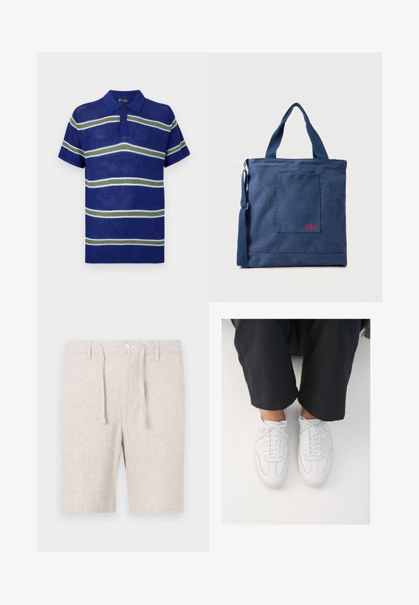 Polo de punto azul con mangas cortas, que presenta rayas horizontales en blanco, verde y rojo, con una tapeta de tres botones.; Pantalones cortos de color gris claro fabricados con un tejido texturizado con patrón de espiga. Cuentan con una cinturilla elástica, cordón ajustable y bolsillos frontales.; Zapatillas de cuero blanco con una textura lisa, punta redonda y sistema de cierre clásico, posicionadas sobre pantalones oscuros de corte holgado.; Bolso tote de lona azul con bolsillo frontal y bordado rojo "O.N.S", con asas dobles y una correa ajustable para el hombro.