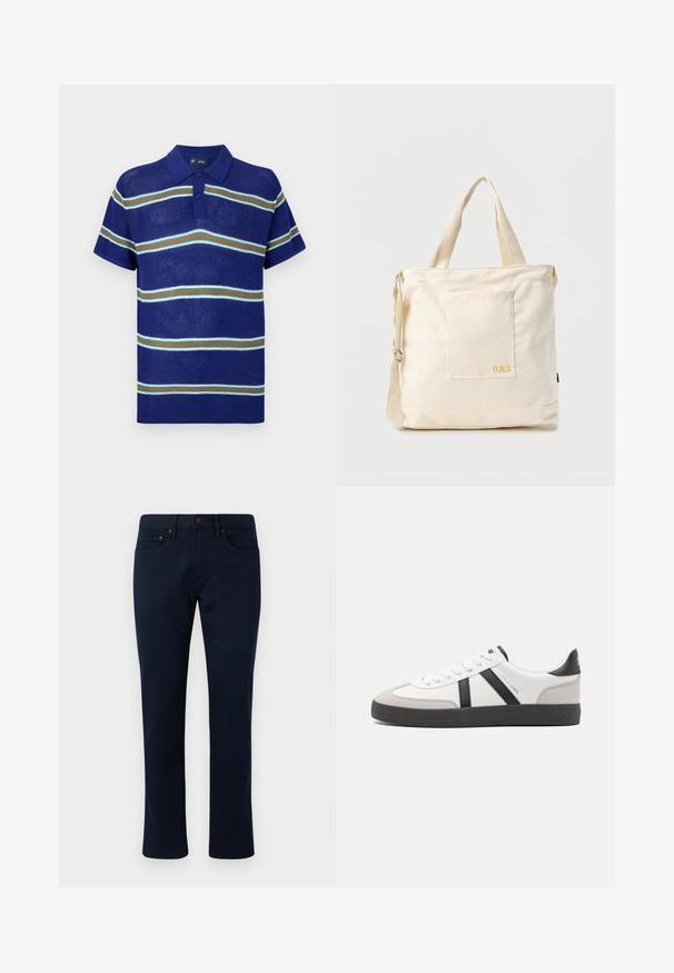 Blaues gestricktes Poloshirt mit kurzen Ärmeln, das horizontale Streifen in Weiß, Grün und Rot sowie eine Knopfleiste mit drei Knöpfen aufweist.; Marineblaue Jeanshose mit slim-fit-Schnitt, ausgestattet mit einem klassischen Fünf-Taschen-Design und dezenten Nähakzenten. Glatte Textur ohne Verzierungen.; Weiße Sneaker mit schwarz- und grau-aczenten, ausgestattet mit einer strukturierten grauen Zehenkappe, schwarzer Gummi-Sohle und flachen weißen Schnürsenkeln. Sauberes Design, minimalistische Stil.; Beige Canvas-Shopper mit Fronttasche, zwei Griffen, verstellbarem Schulterriemen und kleinem gelbem "O.N.S"-Text unten rechts auf der Tasche.
