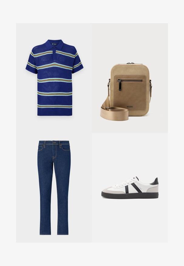 Blauw gebreid polo shirt met korte mouwen, voorzien van horizontale strepen in het wit, groen en rood met een drieknoopsluiting.; Donkerblauwe denim jeans met een recht model, voorzien van subtiele stiksels, vijf zakken en een knoopsluiting bij de taille.; Witte sneaker met zwarte en grijze accenten, voorzien van een grijze neus met textuur, zwarte rubberen zool en platte witte veters. Schoon ontwerp, minimalistische stijl.; Kleine beige crossbodytas met een voorvak met ritssluiting, metalen ALDO-logo, verstelbare brede band en afgeronde rechthoekige vorm op een witte achtergrond.