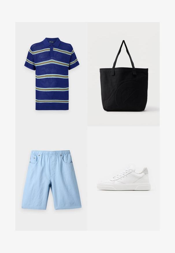 Blå strikket polo t-shirt med korte ærmer, med vandrette striber i hvid, grøn og rød samt en tre-knaps placket.; Lyseblå shorts med elastisk talje, to frontlommer og en glat tekstur. Fremstillet af et blødt stof, velegnet til afslappet brug.; Hvide lædersneakers med en glat finish, rund tå, flade snørebånd og en struktureret sål. Grå ruskindsdetalje ved hælen.; Sort canvas-tote-taske med to skulderstropper og et diskret præget cirkeldesign på fronten.