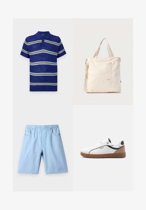 Polo de punto azul con mangas cortas, que presenta rayas horizontales en blanco, verde y rojo, con una tapeta de tres botones.; Pantalones cortos azul claro con una cintura elástica, dos bolsillos frontales y una textura suave. Hechos de una tela blanda, adecuados para uso casual.; Zapatilla baja blanca con suela marrón, detalles en verde y beige, cordones blancos y el logo "Pepe Jeans London" en el lateral.; Bolsa tote de lona color crema con bolsillo delantero, dos asas, correa de hombro ajustable y pequeño texto amarillo "O.N.S" en la parte inferior derecha del bolsillo.