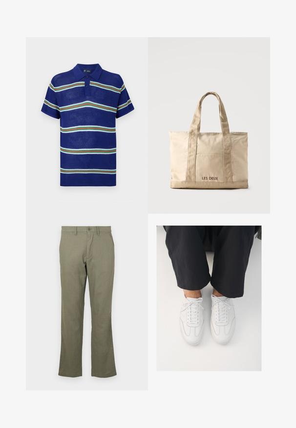 Polo shirt tricoté bleu à manches courtes, avec des rayures horizontales blanches, vertes et rouges, et une patte de boutonnage à trois boutons.; Pantalons décontractés verts olive en tissu doux. Présentent une coupe droite, des poches avant et une fermeture à bouton. Aucun motif visible.; Baskets blanches en cuir avec une texture lisse, bout rond et système de laçage classique, positionnées au-dessus de pantalons sombres et amples.; Sac cabas en toile beige avec deux anses et une poche avant, "LES DEUX" brodé sur la poche.