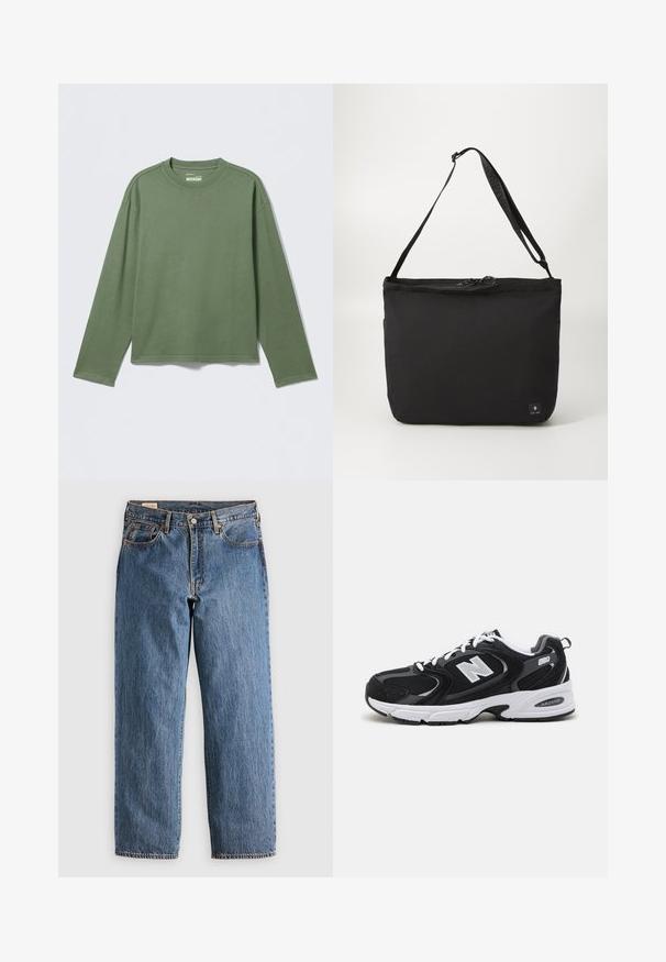 Effen groen shirt met lange mouwen en ronde hals, rechte zoom, plat gelegd op een lichtgrijze ondergrond.; Blauwe denim jeans met een rechte snit, met een hoge taille, koperen klinknagels en oranje stiksels. Voor- en achterzakken inbegrepen.; Zwarte en grijze sport schoenen met een bovenwerk van mesh en suede, voorzien van een witte tussenzool, veters en een gedurfde "N"-logo aan de zijkant.; Zwarte schoudertas met een gladde stoftextuur, rechthoekige vorm, enkele verstelbare schouderriem en een bovenkant met rits. Klein logo patch aan de voorkant.