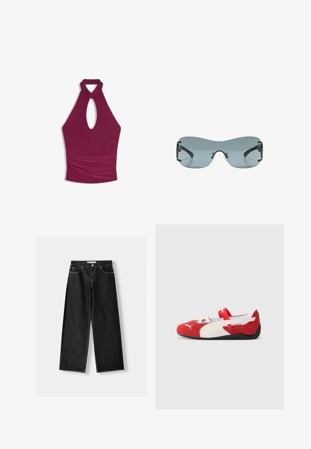 Ärmelloses burgunderfarbenes Neckholder-Top mit Ausschnitt an der Brust und gerafftem Stoffdetail um die Taille.; Schwarze Jeans mit weitem Bein aus Denim, mit fünf Taschen, metallischem Knopf und Reißverschluss und kontrastierenden gelben Nähten entlang der Nähte.; Rote und weiße Wildlederschuhe mit flachem Profil, ausgestattet mit elastischen Riemen und einer strukturierten schwarzen Gummisohle. Puma-Logo an der Seite.; Randlose Sonnenbrille mit einer einzigen grauen, gebogenen Linse und dünnen schwarzen Bügeln, mit verstellbaren Nasenpads.