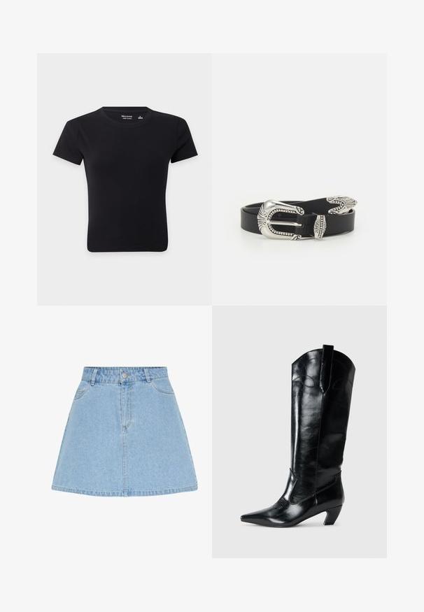 Camiseta negra de algodón de manga corta y cuello redondo, extendida sobre fondo blanco, pequeña etiqueta de la marca Hollister en el interior del cuello.; Falda línea A de denim azul claro con cierre frontal de botones y cremallera, presillas para cinturón y dos bolsillos delanteros.; Botas de cuero negras hasta la rodilla con punta afilada, tacón bajo y detalle de costura decorativa en los laterales. Acabado suave y brillante.; Cinturón de cuero negro con una gran hebilla de metal plata que presenta un detallado intrincado y acentos decorativos en ambos extremos.