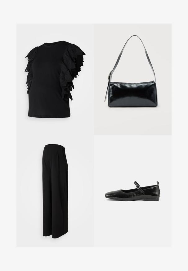 Mustern musta t-särk, millel on lühikesed kihilised pitsist volangid varrukatel. Sile kangas, ümmargune kaelus ja mugavust silmas pidades lõdvestatud lõige.; Vero Moda Maternity Wide-leg Wide Leg Fit - Püksid - black; Mustmust musta nahk king, millel on terav nina, pahkluu rihm koos pandlaga ja sile, läikiv tekstuur. Madal konts mugavuse tagamiseks.; Must ristkülikukujuline õlakott ühe reguleeritava rihmaga ja ülemise tõmblukuga, ühtlase taustaga.
