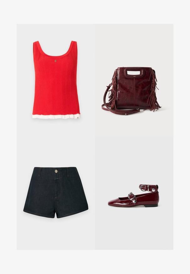 Haut sans manches rouge à côtes avec encolure dégagée et bordure en dentelle blanche le long du bas, orné d'un petit emblème doré au centre.; Shorts en denim foncé taille haute, fermeture à boutons sur le devant, avec surpiqûres orange contrastantes. Poches standard à l'avant et à l'arrière.; Ballerines en cuir verni bordeaux avec un bout pointu, une bride de cheville avec une boucle en argent et un petit talon. Texture lisse sur l'ensemble.; Sac à main carré en cuir bordeaux avec poignée découpée, détails de franges latérales et bandoulière réglable sur fond uni.