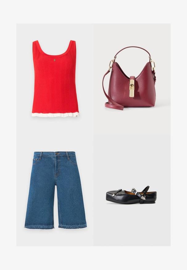 Rød ribbet ærmeløs top med rund halsudskæring og hvid blondekant langs den nederste kant, med et lille gyldent emblem i midten.; Blå denim shorts til knæene med frynset kant, frontknap og lommer på en ensfarvet hvid baggrund.; Sort læderflat sko med firkantet tå, to sølvspænderemme og en lav hæl på en lysegrå baggrund.; Lille tekstureret burgunder håndtaske med kort hank, aftagelig lang rem og central guld-tone spænde på ensfarvet baggrund.