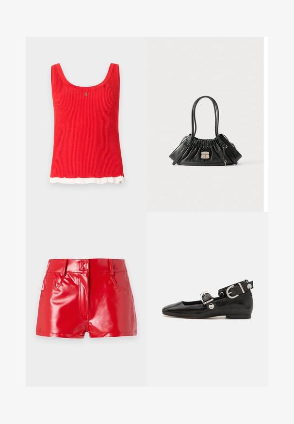 Rotes ärmelloses Oberteil mit Rippenstruktur, rundem Ausschnitt und weißer Spitzenverzierung am unteren Rand, mit einem kleinen goldenen Emblem in der Mitte.; Rote Kunstleder-Shorts mit glänzender Oberfläche, hoher Taille, Fronttaschen und gesteppten Details. Strukturiertes, tailliertes Design.; Schwarze Lackleder-Ballerina mit eckiger Zehenpartie, Knöchelriemen mit silberner Hardware und flacher Sohle. Glatte Textur mit minimalistischen Design.; Schwarze Lederhandtasche mit gerafftem Oberteil, doppelten Schulterriemen, seitlichen Reißverschlussfächern und einem silbernen Verschluss mit dem Aufdruck "Marc Jacobs" sowie einem kleinen Schlüsselanhänger.