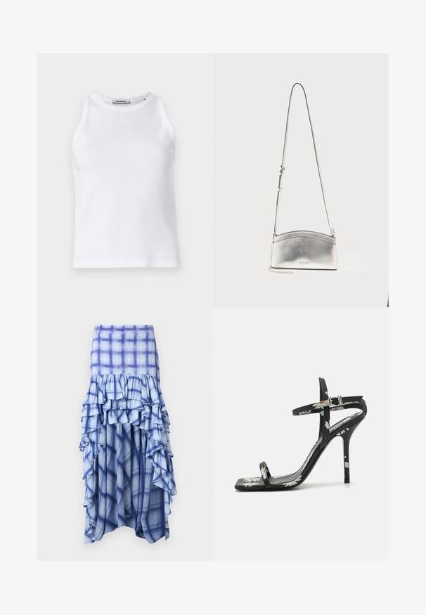 Valge ribaga tank top, millel on ümar kaelus, ilma varrukateta disain ja väike logo ees. Sile tekstuur ja keha lähedane vorm.; Sinine ruuduline seelik kihiliste volangidega, millel on erinevad sinise tooni varjundid ning sinise ja valge ruuduline muster. Kerged kangas, pahklubi pikkune disain.; Mustad musta värvi kõrge kontsaga sandaalid ruuduotsaga, lillemustriga, peenete pahkluu rihmadega ja läikiva viimistlusega. Tuntav peen stiletto konts.; Hõbedane metallikust õlakott reguleeritava rihma ja peene logoga esiküljel, taustal hele ja neutraalne.
