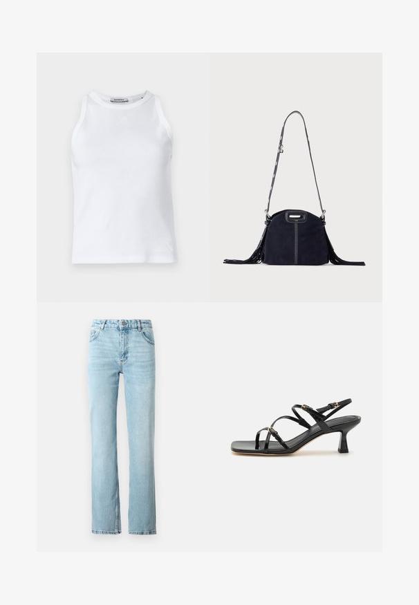 Witte geribbelde tanktop met een ronde halslijn, mouwloos ontwerp en een klein logo op de voorkant. Gladde textuur en getailleerde pasvorm.; Lichtblauwe denim jeans met een rechte pasvorm, vijf-pocketontwerp en een lichte flair aan de onderkant. Afgewerkt met contrasterende stiksels.; Zwarte patenten leren sandalen met banden, een vierkante neus en een lage blokhak. Voorzien van goudkleurige hardware en verstelbare enkelsbandjes.; Donkerblauwe suède handtas met witte stiksels, een uitgesneden handvat, een patroon schouderriem en lange franjes aan beide zijden.