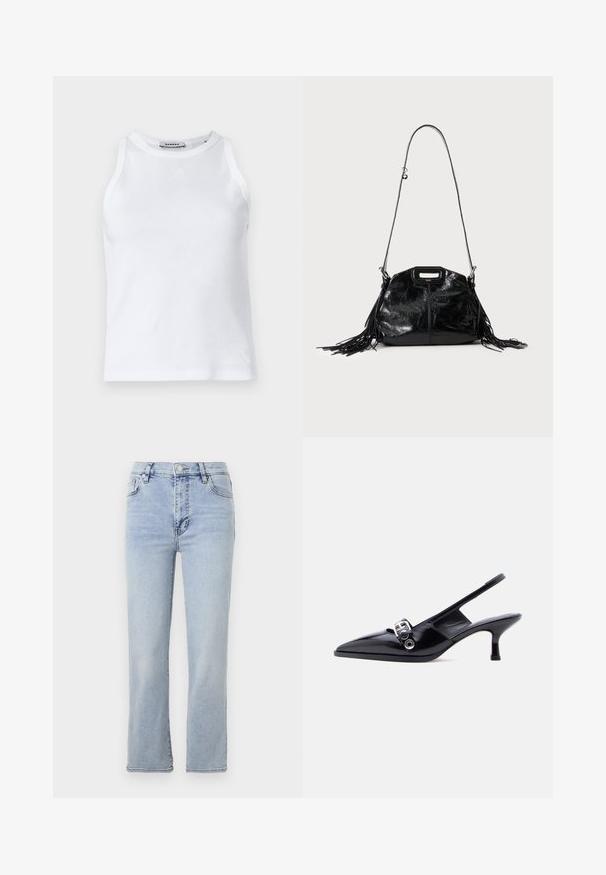 Débardeur blanc à côtes avec un col rond, sans manches et un petit logo sur le devant. Texture lisse et silhouette cintrée.; Jean en denim bleu clair avec une coupe droite, cinq poches, une fermeture à bouton et zip, et des détails de couture visibles.; Chaussure à talon bas en cuir verni noir avec bride arrière, bout pointu et détail boucle argentée sur fond blanc uni.; Sac à main en cuir noir brillant avec une longue fine bandoulière et des pompons à franges des deux côtés sur un fond clair.