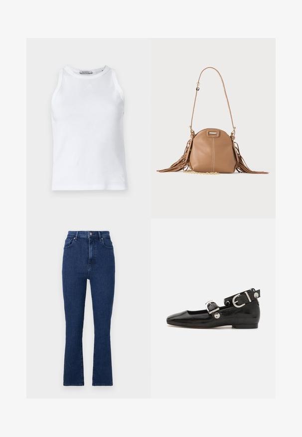 Weißer, gerippter Tanktop mit rundem Ausschnitt, ärmellosem Design und kleinem Logo auf der Vorderseite. Glatte Textur und figurbetonter Schnitt.; Dunkelblaue, hoch geschnittene Jeans aus Denimstoff mit geradem Bein, die vordere Taschen und einen Metallknopfverschluss aufweisen.; Schwarze Lackleder-Ballerina mit eckiger Zehenpartie, Knöchelriemen mit silberner Hardware und flacher Sohle. Glatte Textur mit minimalistischen Design.; Kleine hellbraune Lederschultertasche mit langem Riemen, goldenem Kettendetail und Fransen an beiden Seiten vor neutralem Hintergrund.
