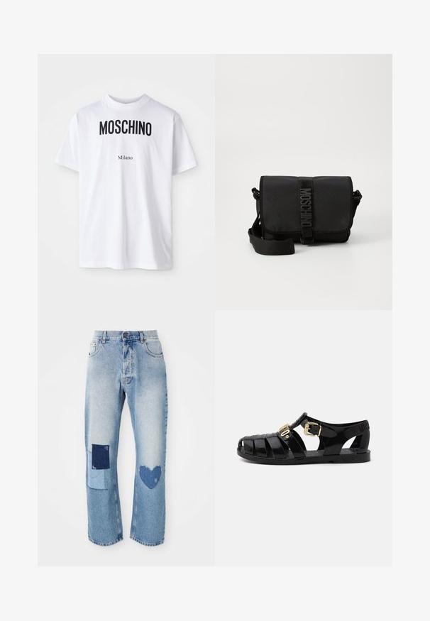 Valge puuvillane T-särk, millel on silmapaistvad mustad "MOSCHINO" tähed väiksema "Milano" teksti kohal. Klassikaline ümmargune kaelus ja lühikesed varrukad.; Heledad sinised teksad sirge lõikega, millel on kaks paigaldusdetaili: ruut ja süda, mõlemad tumedamatest teksariidest.; Mustad mustad, millel on lõikekujundus, millel on kuldne lukustus ja tekstuuriga sisetald. Kinga kontsapooles on väljatrükitud logo.; Must mustruum kotkas mustast nailonist, millel on klapp, esitleb silmapaistvat logo rihma sulgemist, reguleeritavat rihma ja külgõmbluste üksikasju.