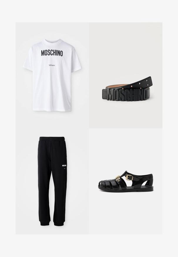 Biele bavlnené tričko s odvážnym čiernym textom "MOSCHINO" nad menším textom "Milano". Klasický okrúhly výstrih a krátke rukávy.; Čierne tepláky s relaxed fit strihom, vyrobené z mäkkého materiálu. Majú elastický pás a biele logo "Moschino" na ľavom stehne.; Čierne gumové šľapky s výrezovým dizajnom, s prackou zlaté farby a textúrovanou stielkou. Logo vyrazené na päte.; Čierny kožený opasok s veľkými čiernymi písmenami „MOSCHINO“ ako prackou, zobrazený stočený na sivom pozadí.
