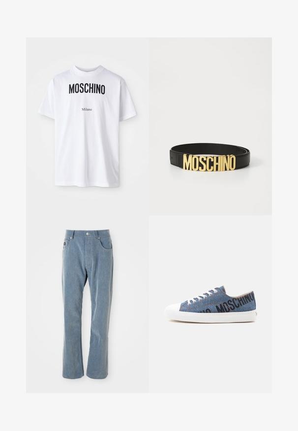 T-shirt en coton blanc avec un grand texte noir "MOSCHINO" au-dessus d'un texte plus petit "Milano". Encolure classique et manches courtes.; Pantalon en velours côtelé bleu clair avec fermeture à bouton et à glissière, poches avant et jambes droites sur fond blanc.; Basket basse en denim avec semelle en caoutchouc blanche et lacets, avec un texte noir "MOSCHINO" sur le côté.; Ceinture en cuir noir avec une grande boucle en or « MOSCHINO », texture lisse, taille réglable et design minimaliste.