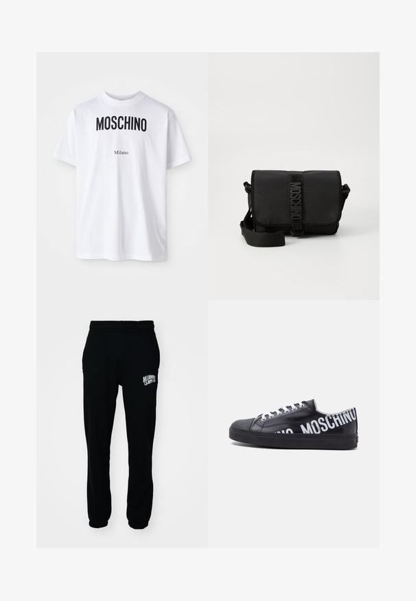 Valge puuvillane T-särk, millel on silmapaistvad mustad "MOSCHINO" tähed väiksema "Milano" teksti kohal. Klassikaline ümmargune kaelus ja lühikesed varrukad.; Mustad fliisist jogger-püksid elastse vöökoha ja varrukatega. Omab vasakul reitel valget logo. Sile tekstuur, mugav lõige.; Mustad madala säärega tossud valgete paelte ja julge valge "MOSCHINO" tekstiga, mis kattub kanna ja külje ümber.; Must mustruum kotkas mustast nailonist, millel on klapp, esitleb silmapaistvat logo rihma sulgemist, reguleeritavat rihma ja külgõmbluste üksikasju.