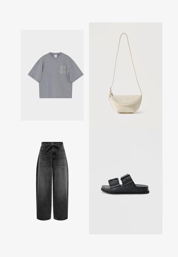 Grå t-shirt med korte ærmer og rund halsudskæring med hævet "DAY DAY" tekst på venstre bryst.; ONLY Straight fit ONLGIANNA Mid waist Balloon - Jeans Straight Leg - washed black; Sorte klipklappere lavet af tekstureret materiale med to justerbare remme med spænder. Flad sål med et mønstrede dæk for godt greb.; Lille cremefarvet læder skuldertaske med buet klap og lang tynd rem, hængende mod en ensfarvet baggrund.